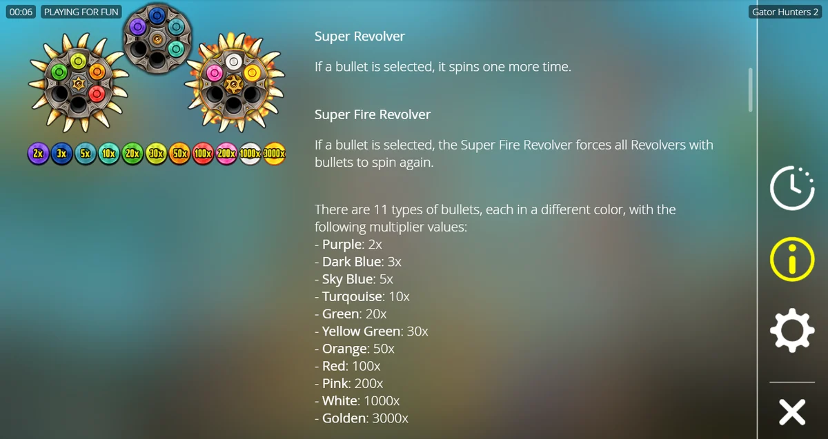 Gator Hunters 2 help screen with the 11 bullet multipliers from x2 to x3,000