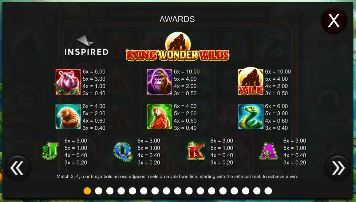 Kong Wonder Wilds Awards screen with pays for 3 to 6 symbols