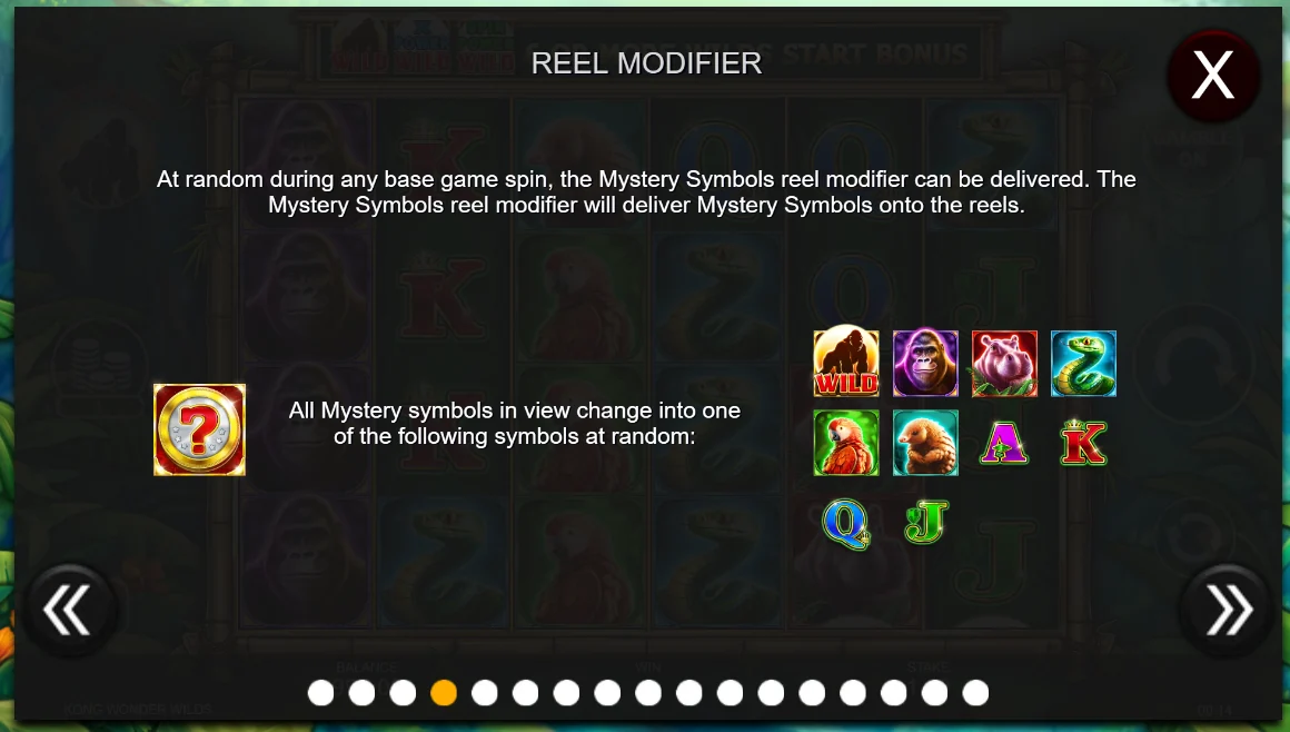 Kong Wonder Wilds help screen explaining the Mystery Symbols reel modifier