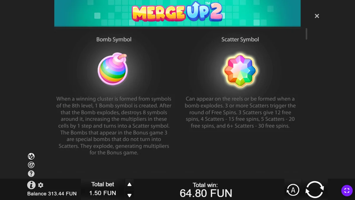 Merge Up 2 help screen describing the Bomb and Scatter symbols