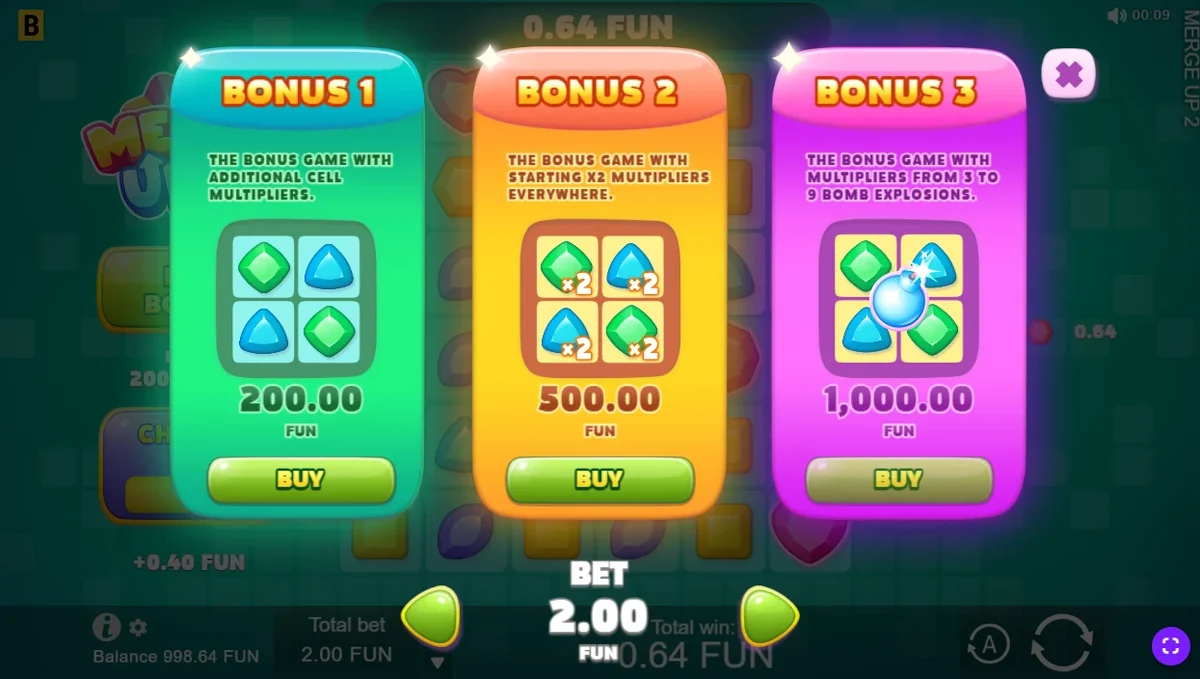 Merge Up 2 menu with three bonus buys at a 2.00 bet