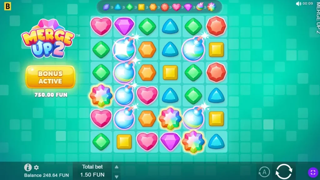 Merge Up 2 bought Bonus 3 round with special Bombs and Scatters on the grid