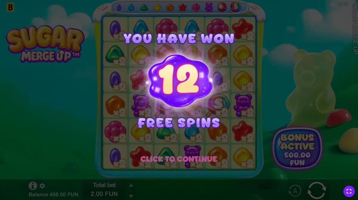 Sugar Merge Up awarding 12 free spins after a Sugar Euphoria buy, with x2 on every cell