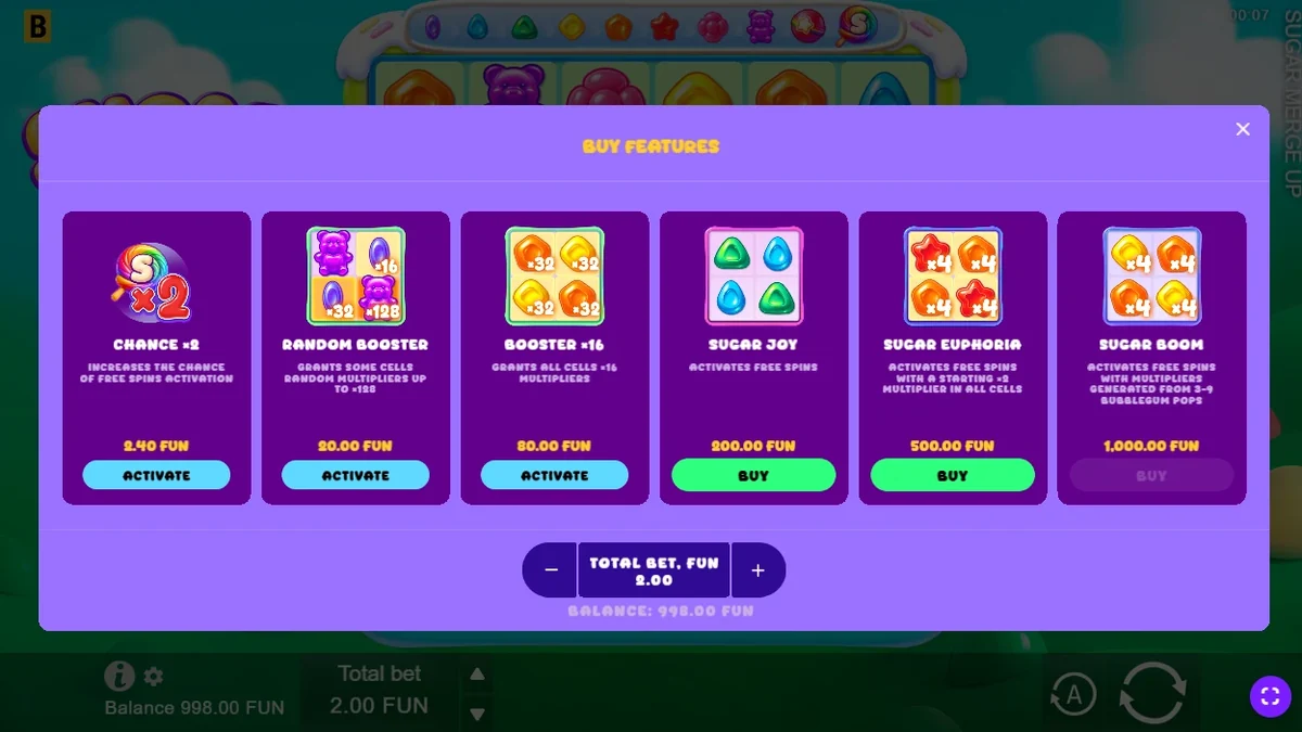 Sugar Merge Up Buy Features menu with Chance x2, Boosters and three bonus buys