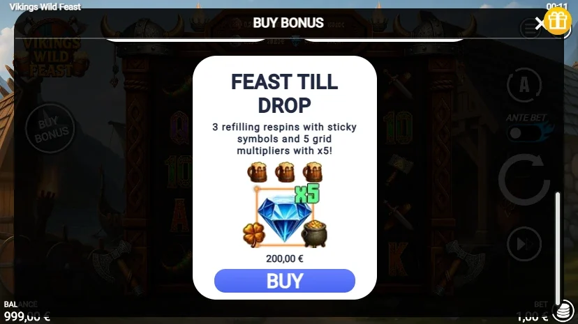 Vikings Wild Feast Feast Till Drop buy screen: 200 euro at a 1 euro bet