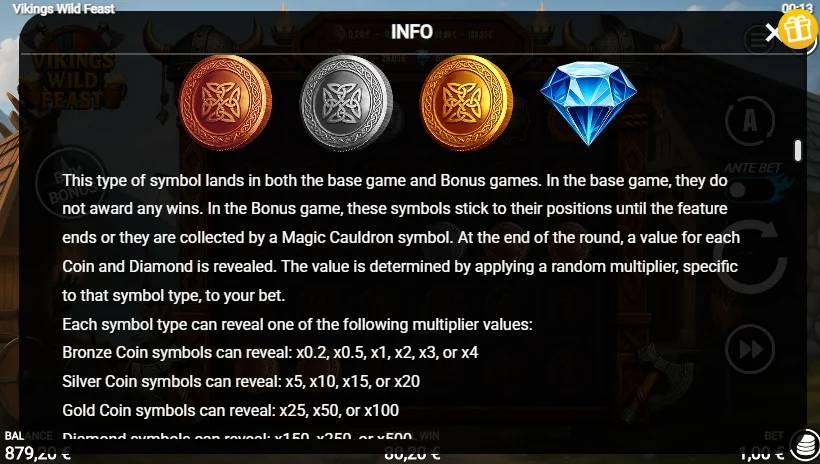 Vikings Wild Feast help screen listing Bronze, Silver, Gold and Diamond coin values