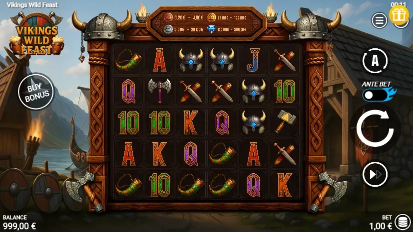 Vikings Wild Feast 6x5 base game with coin prize ranges above the reels