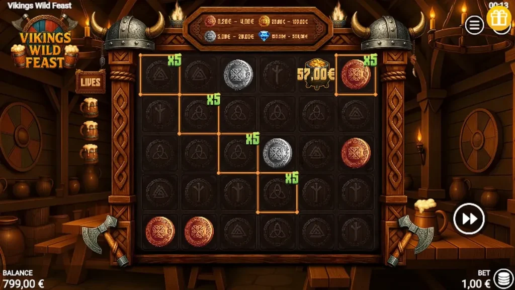 Vikings Wild Feast coin bonus with five x5 grid multipliers and coin symbols